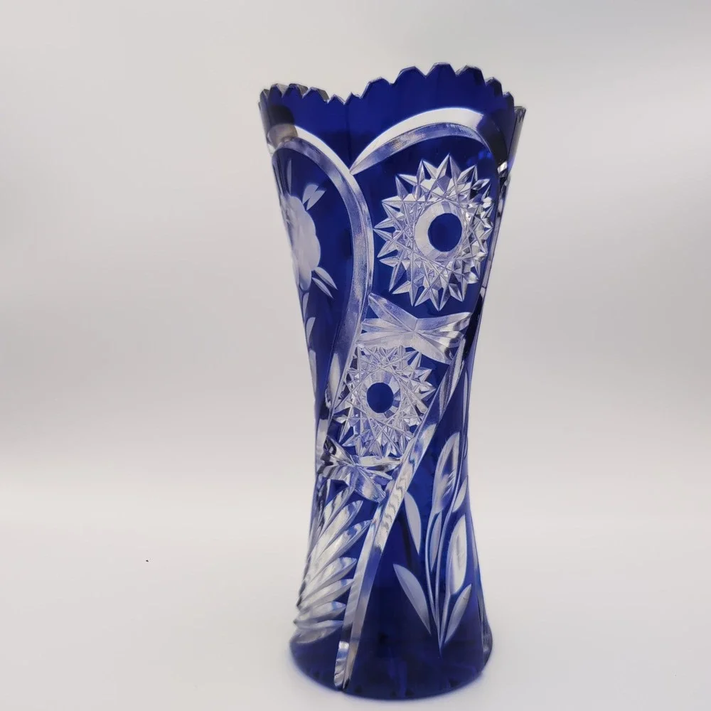 Vintage German Cobalt Blue Cut to Clear 24% Lead Crystal Rose Vase 8