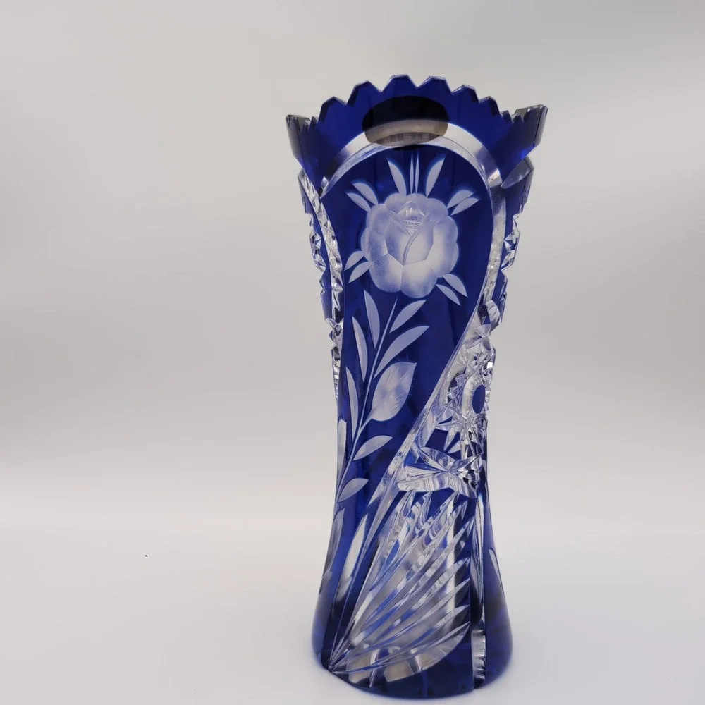 Vintage German Cobalt Blue Cut to Clear 24% Lead Crystal Rose Vase 8