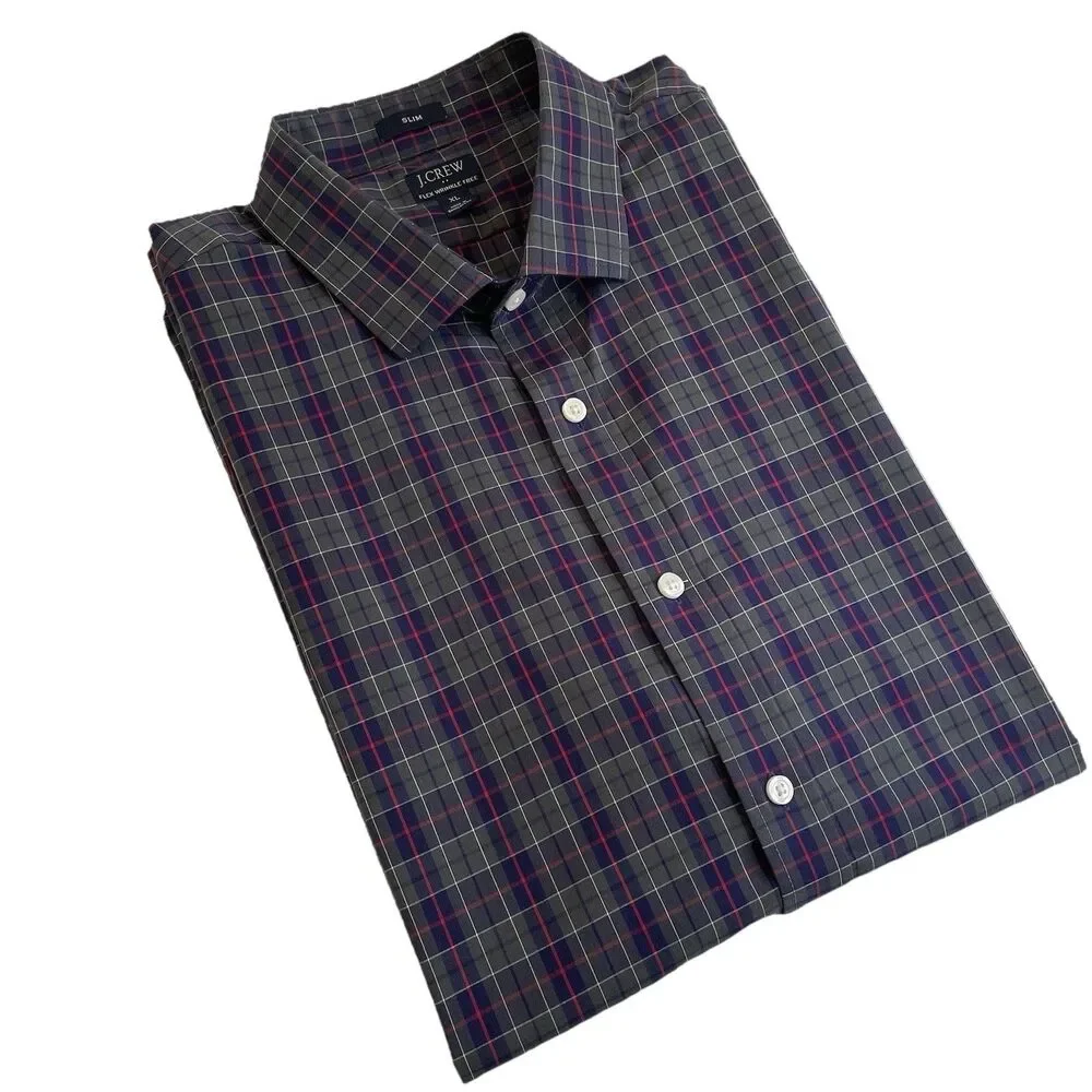 J Crew Men’s Tattersall Slim Flex Wrinkle Free Long Sleeve Button Front Shirt XL