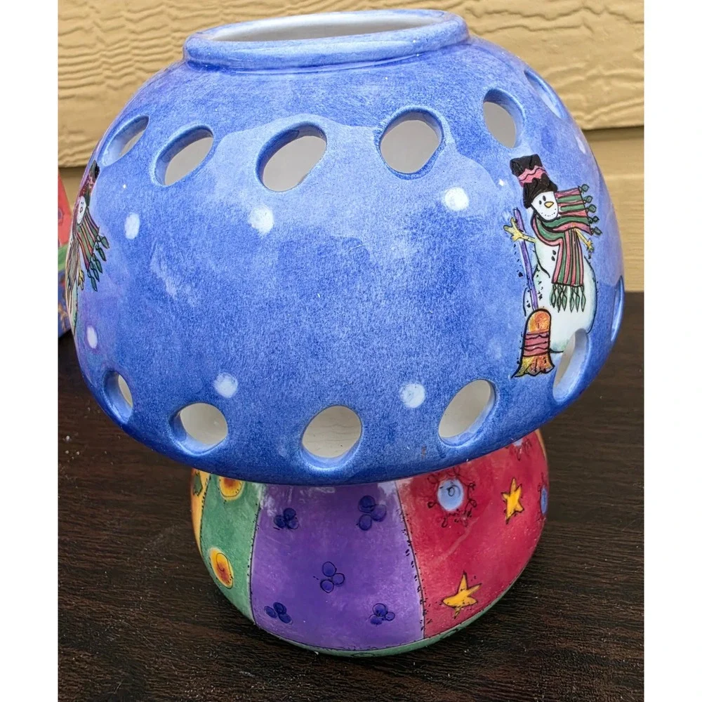 Sango‎ Sweet Shoppe Christmas Sue Zipkin Snowman Ceramic Candle Warmer 2pc Set