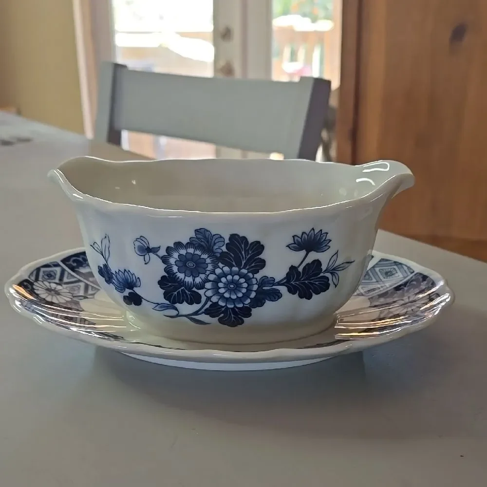 Blue Floral Gravy Boat with Saucer
