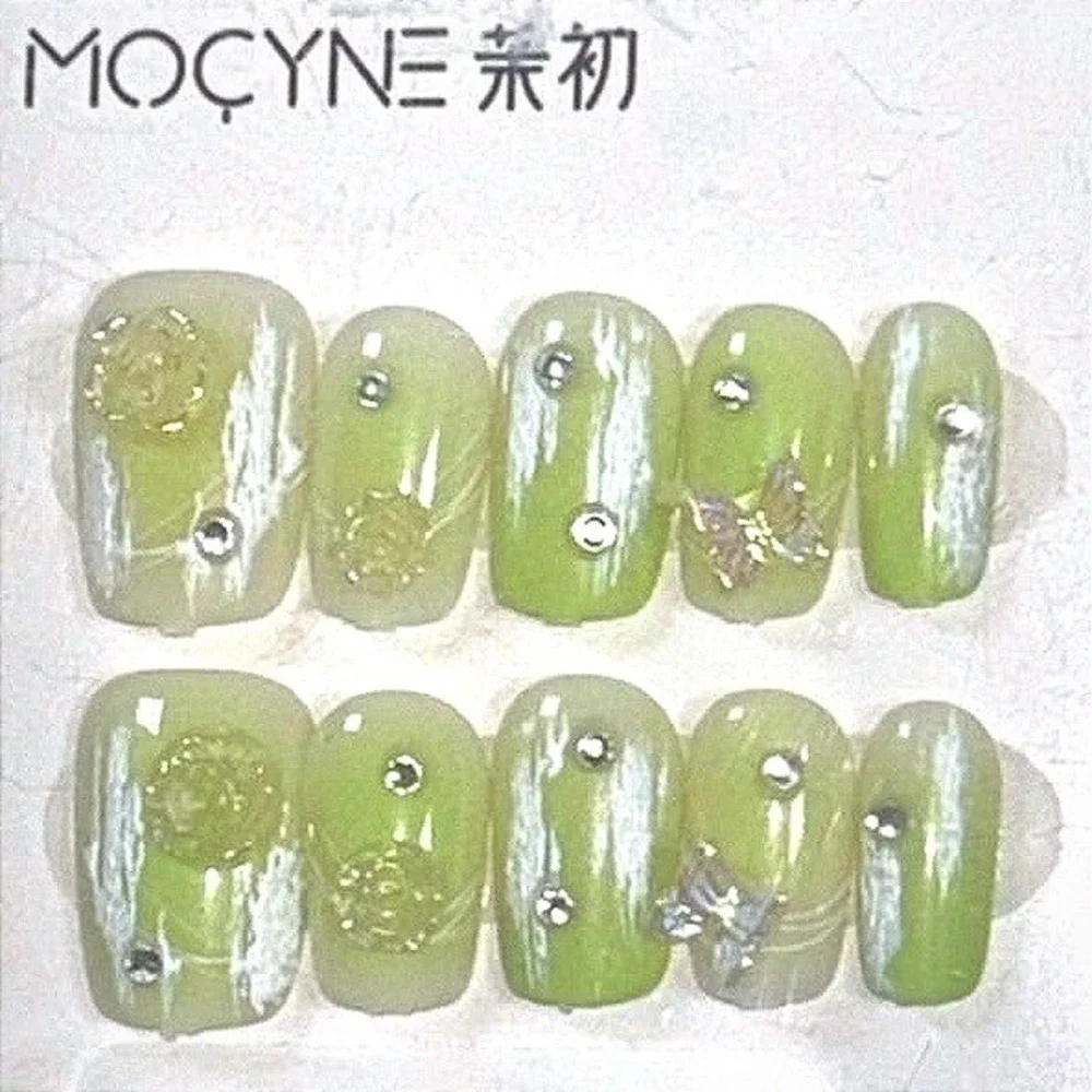 Green 3D Press On Nails Short Square Glossy Nails Gem‎ Accent Nail Set