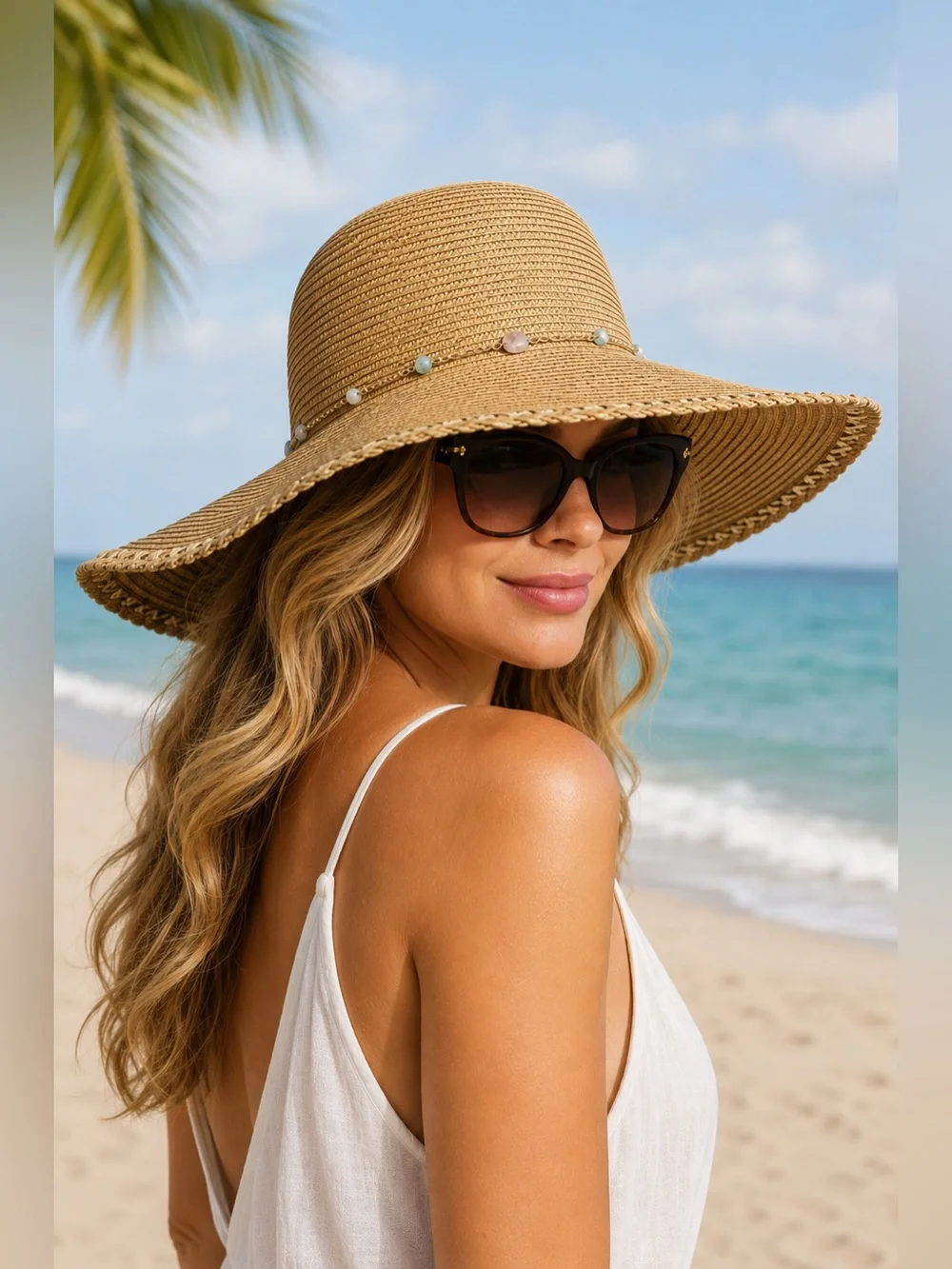 Sun N Sand UPF 50+ Wide Brim Floppy Straw Sun Hat Tan Stone Accent