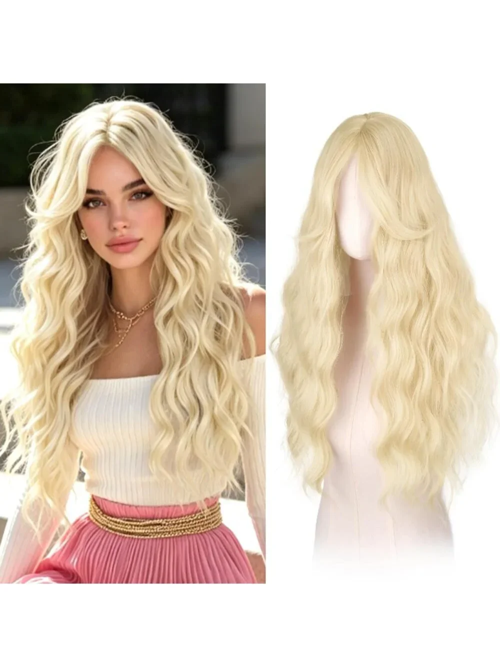Women's Light Blonde 26 Inch Heat Resistant Curtain Bangs Long Wavy Wigs