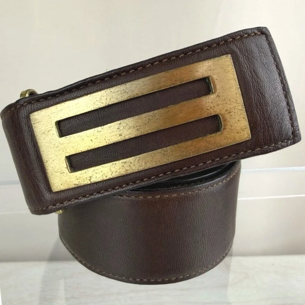 Vintage CHRISTIAN DIOR Brown Leather Belt Mens (30) Brass Buckle‎ Italy Classic