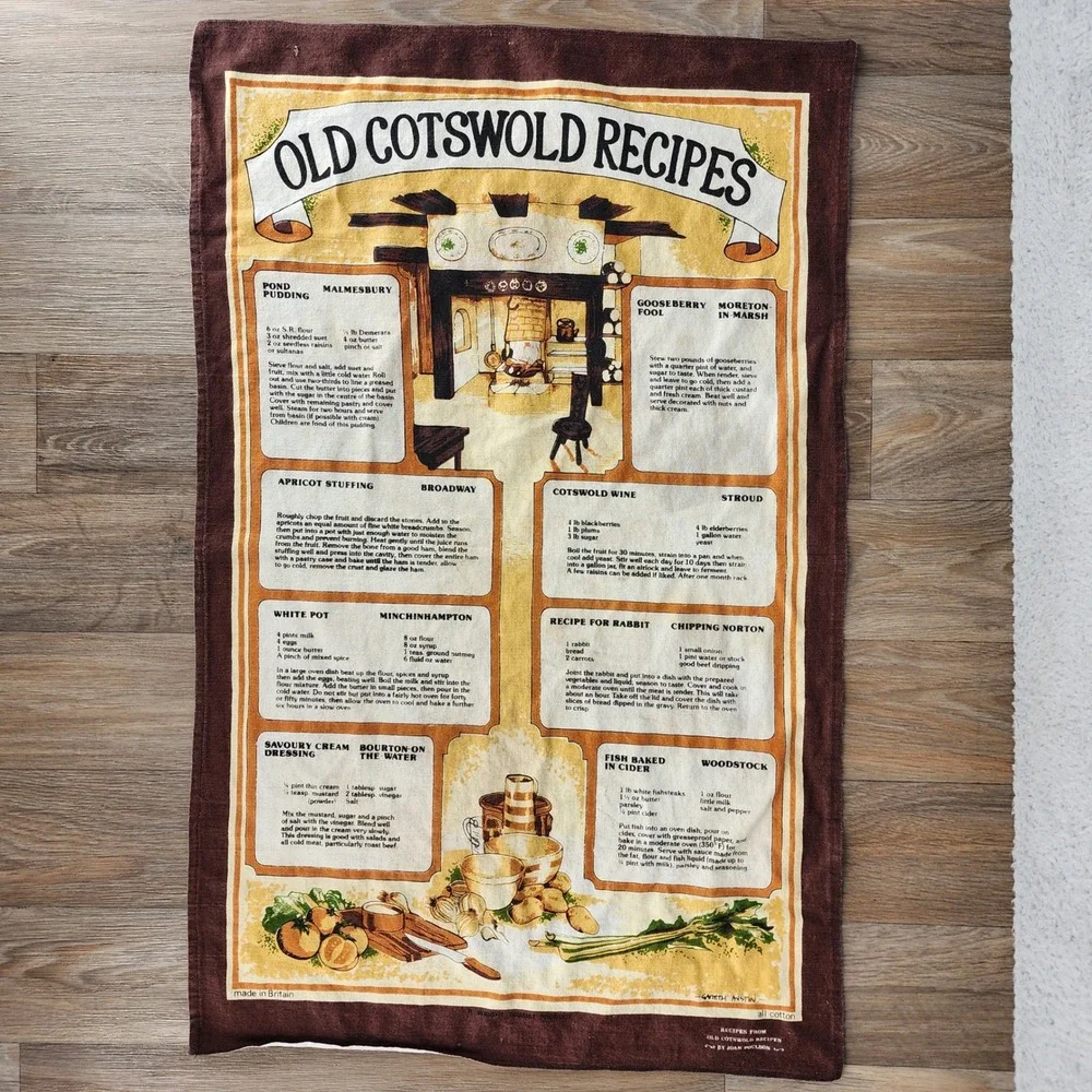 Old‎ Cotswold Recipes Kitchen Tea Towel Made in Britain Cotton Vintage British