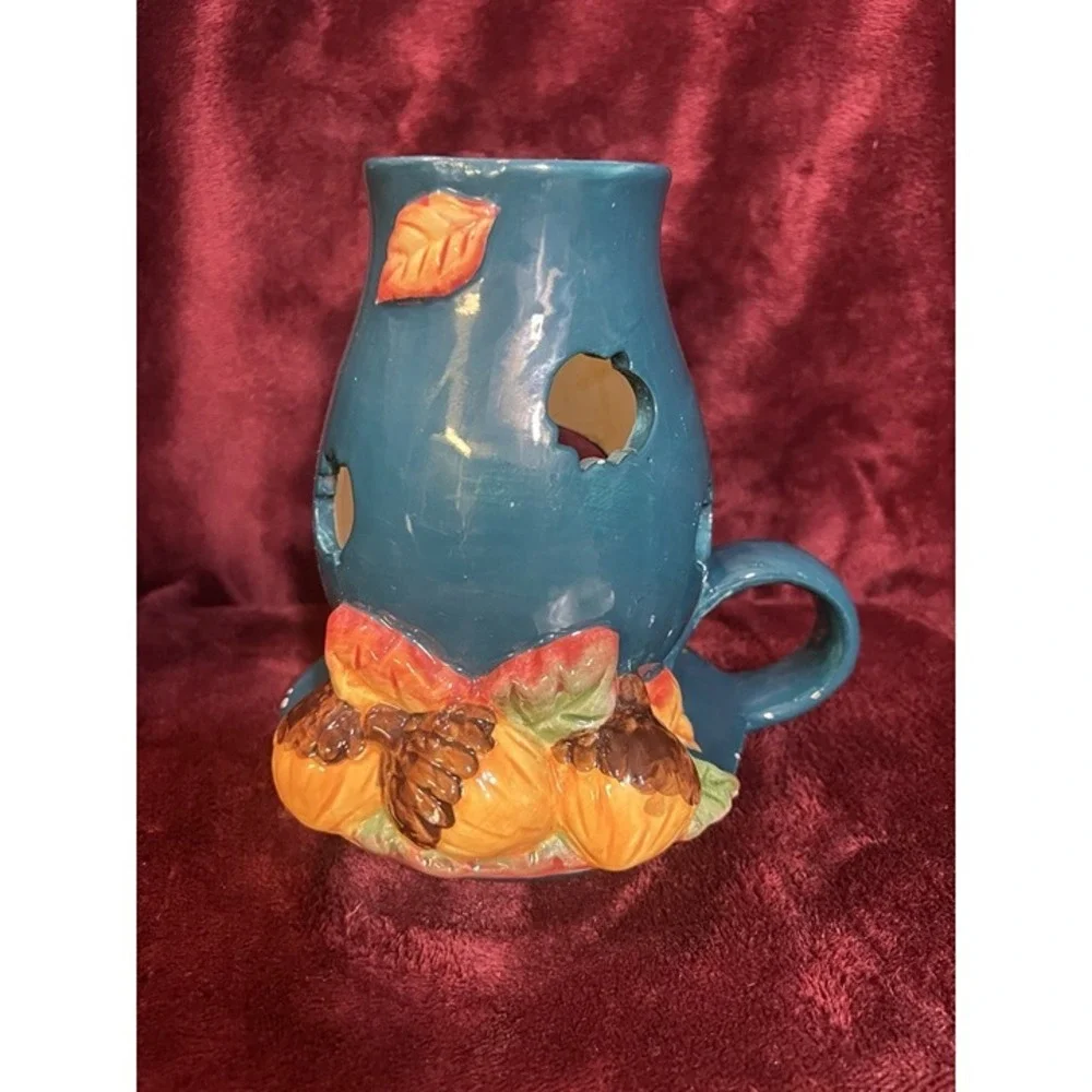 Teal Ceramic Candle Illuminating Holder For Fall Acorns & Leave Cut Outs‎ (40)