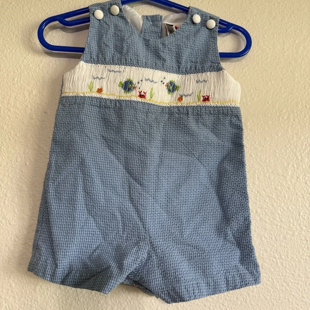 Boys Petit Ami Smocked Seersucker Fish Nautical Beach Portrait Shortall 3 Months