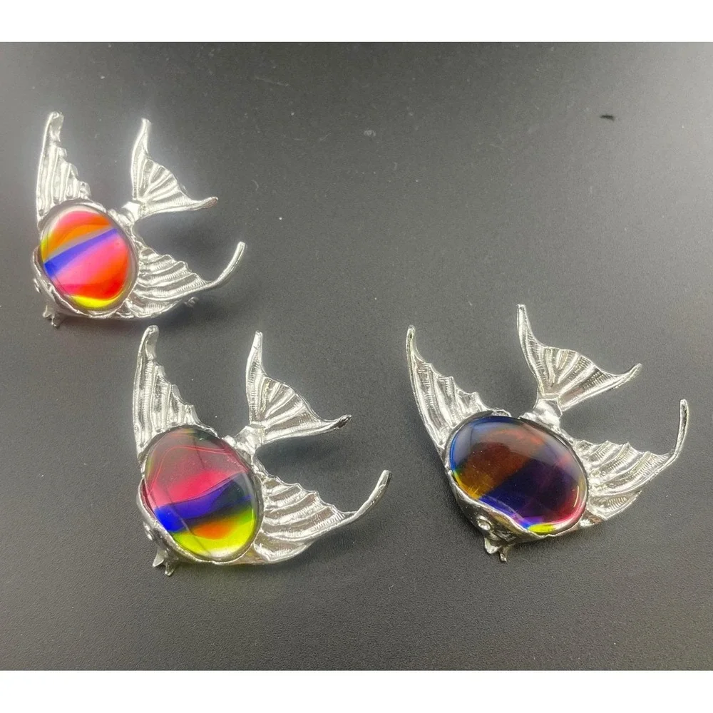 Lot of 9 Silver Tone‎ Fish Brooch Components Rainbow Art Glass Designer Ready