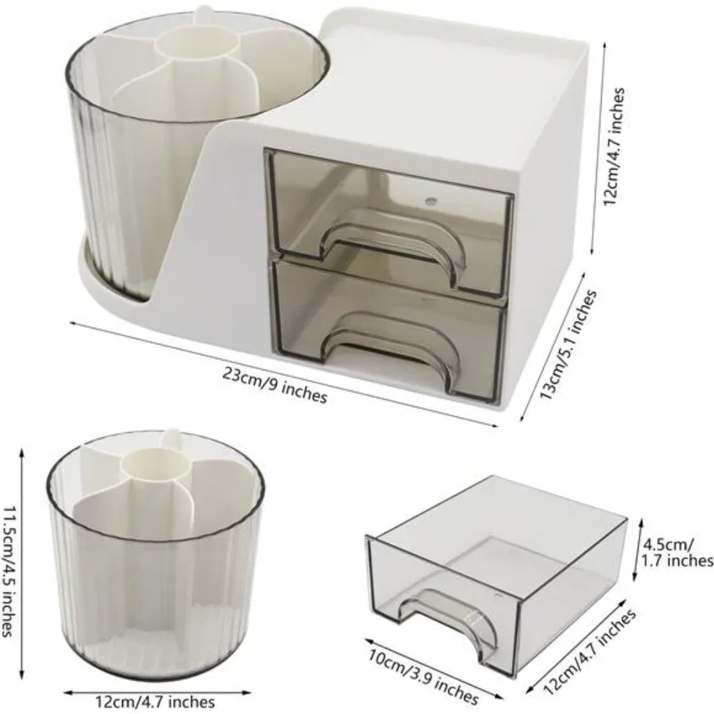 Desk Organizer with Rotating Pen Holder: White Caddy with 2 Drawers‎ for School