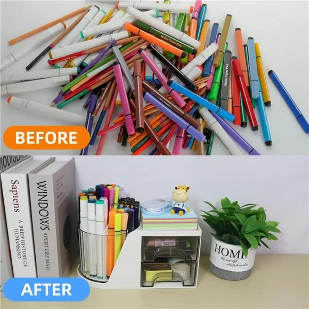 Desk Organizer with Rotating Pen Holder: White Caddy with 2 Drawers‎ for School