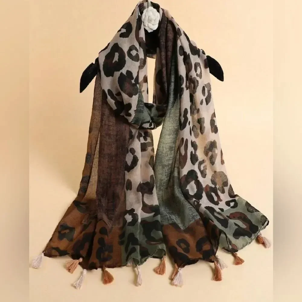 NEW! Leopard Patchwork Print Fringe Scarf