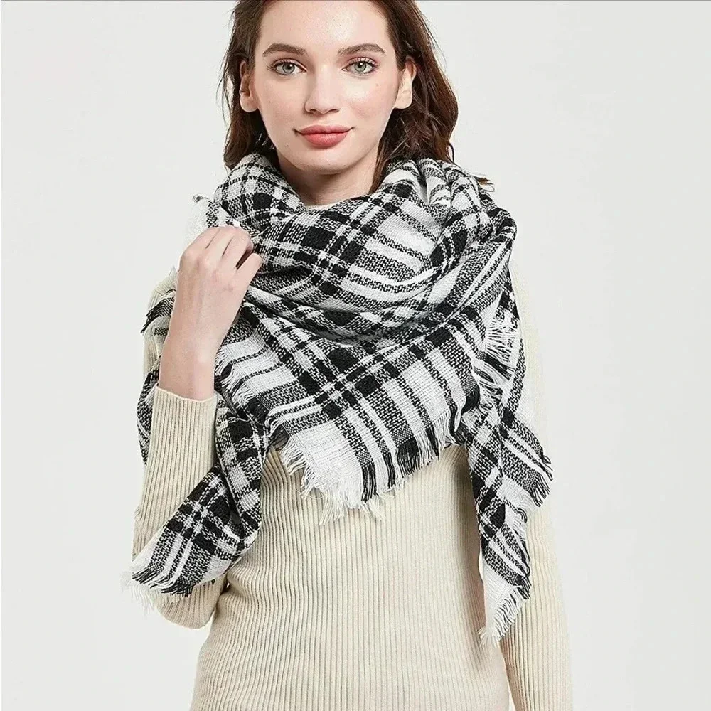 ❄️ 3/$17 Plaid Blanket Scarf Big Oversized Tartan Shawl Wrap Black White Women