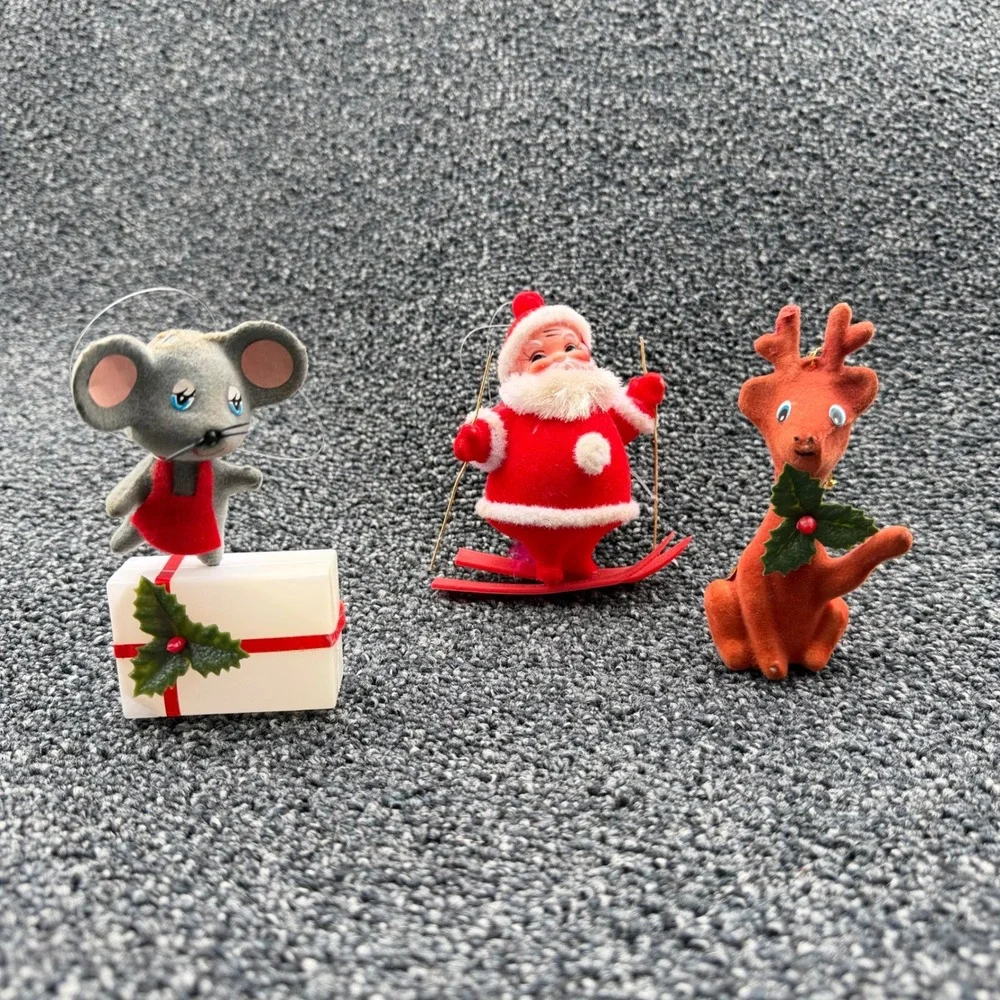 Vintage Flocked Christmas Ornaments Set Santa Skier Reindeer Mouse‎ Mid Century