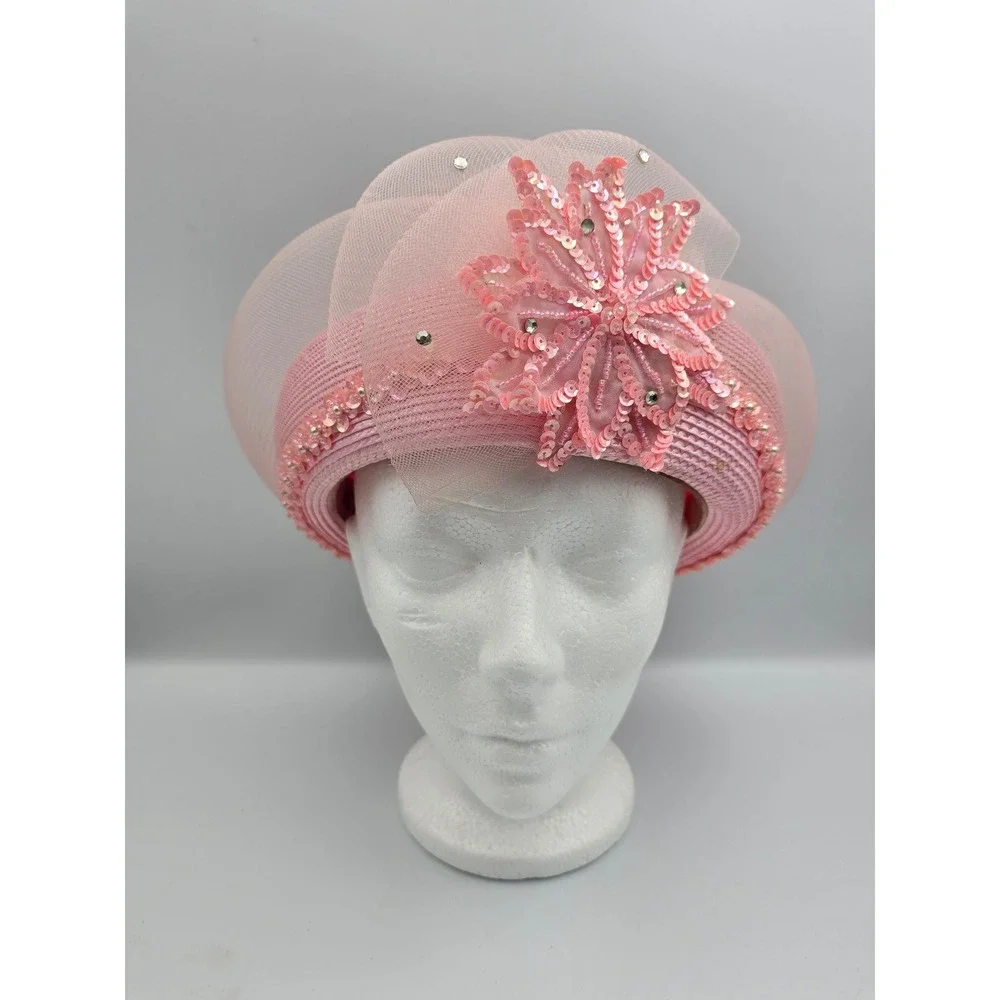 Mr Hi's‎ Classic Pillbox Hat Womens OS Pink Good Sequin Lace Floral Church Derby
