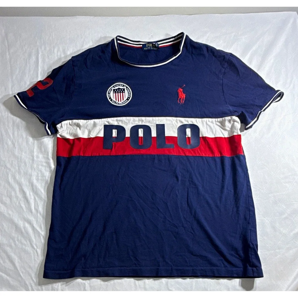 Polo Ralph Lauren Mens Colorblock USA Logo Patch Crew Neck Tee Shirt Blue Red M