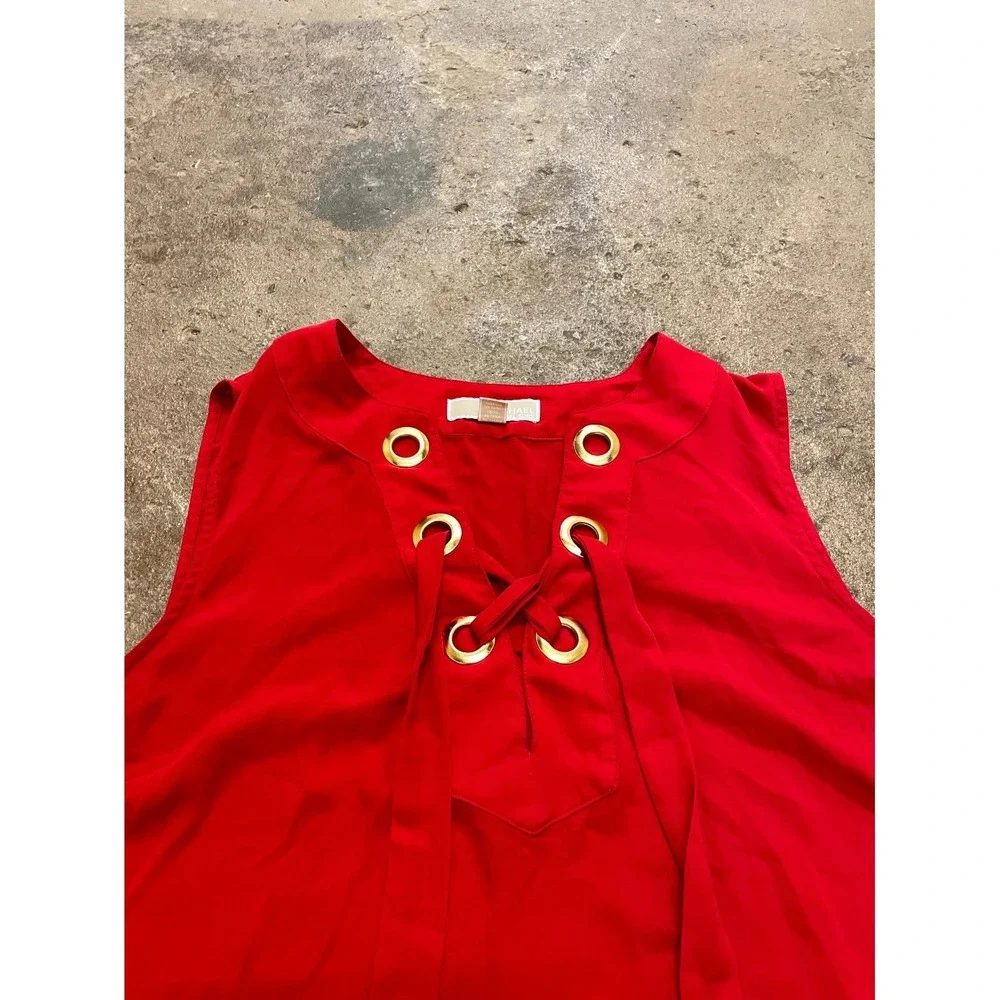 Michael Kors Top‎ Women XL Red Side Slit Lace Up Gold Grommet Sleeveless Classic