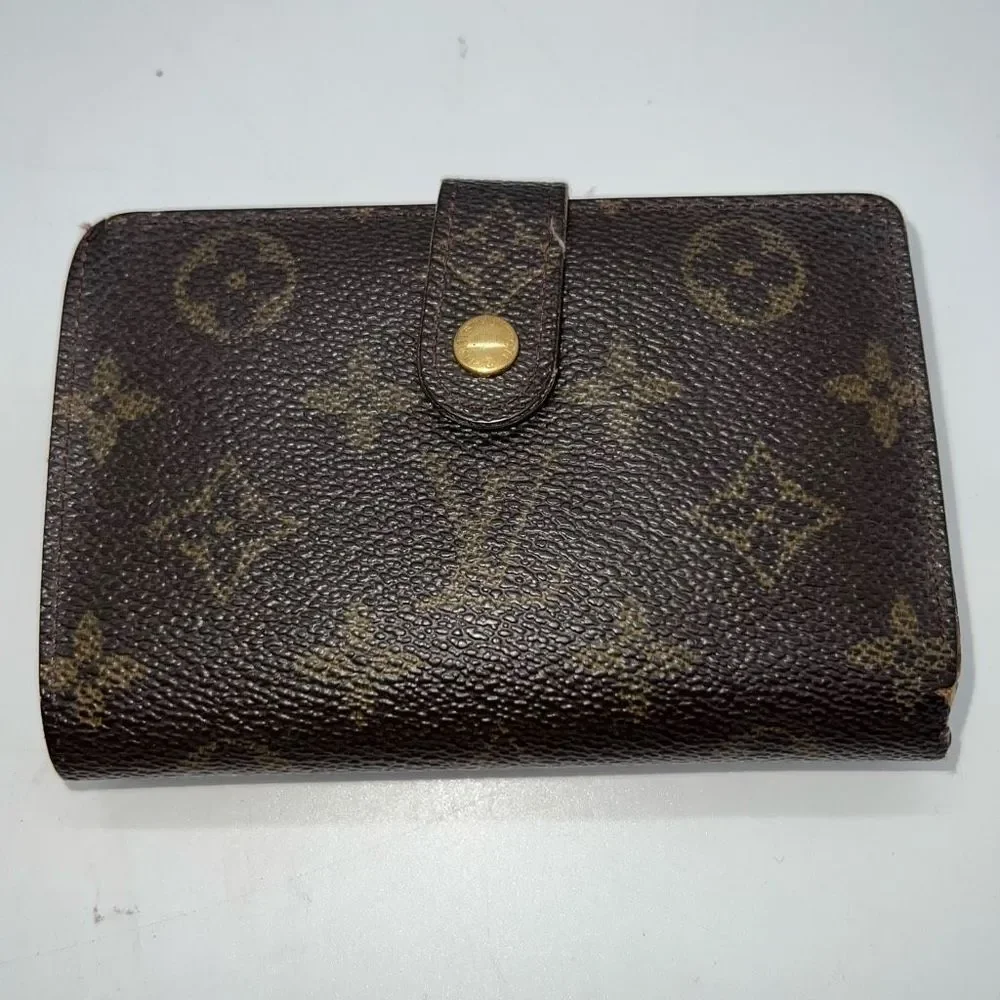 Louis Vuitton Vintage Monogram Kiss Lock Bifold Wallet Brown Authentic