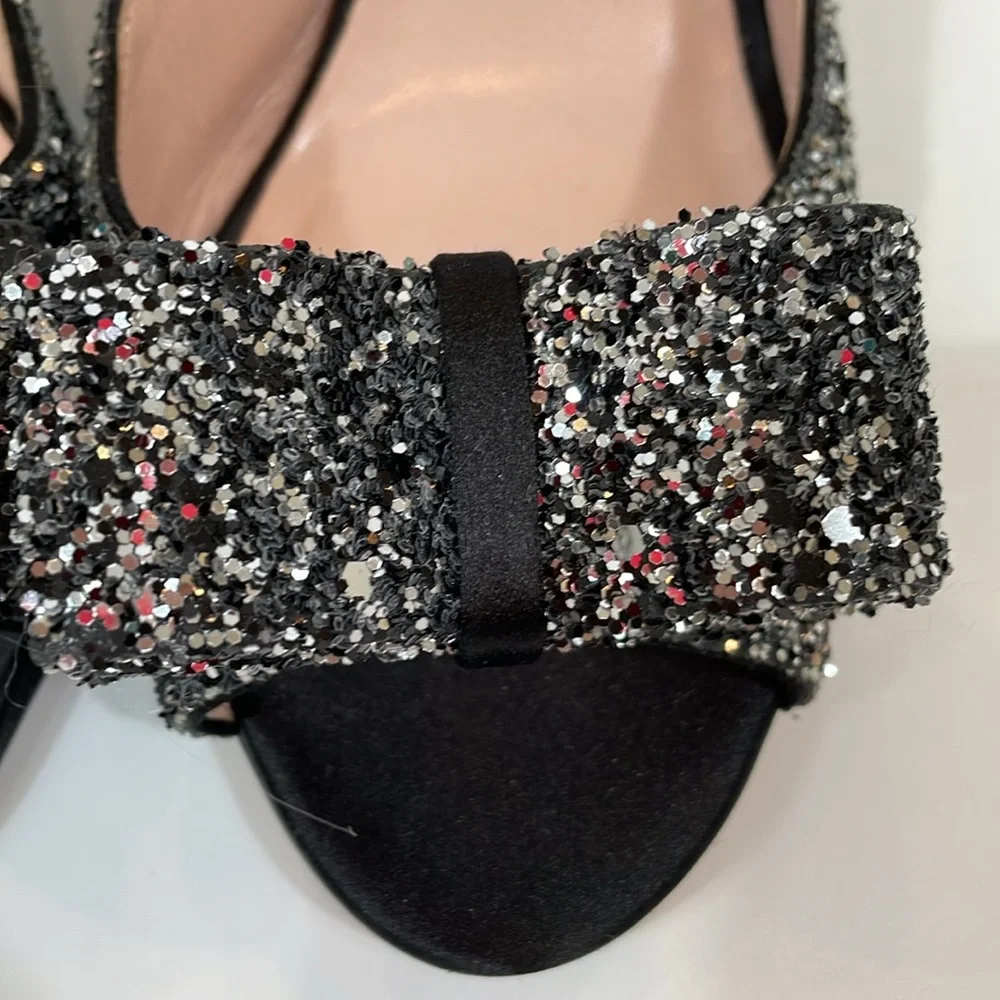 Kate Spade Glitter New York Heels Sandal Size 9.5 Black Silver Bow EUC