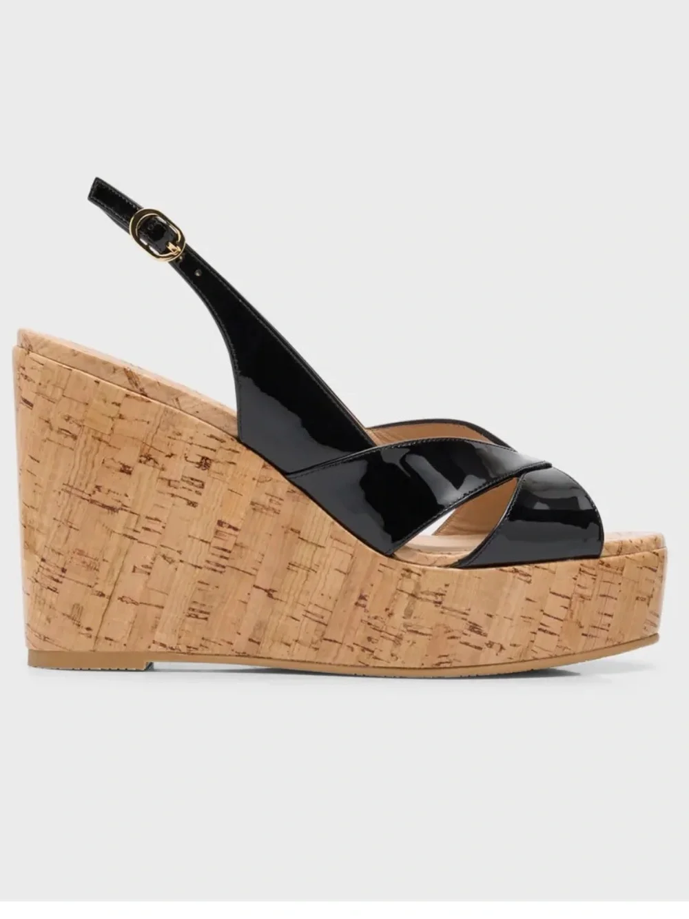 Stuart Weitzman Carmen Black Patent Cork Wedge Sandals -‎ Women's Slingback NEW