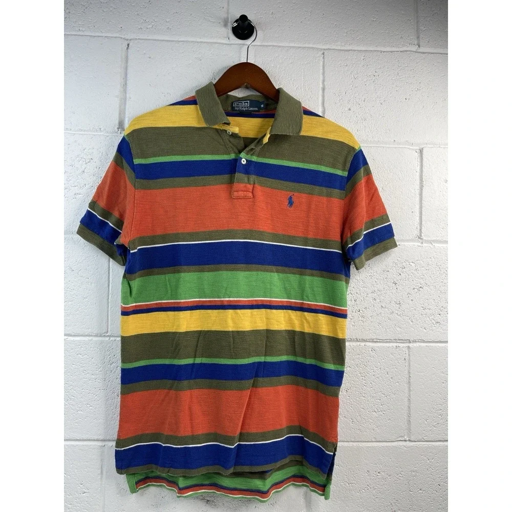 VTG 90's Ralph Lauren Polo Multi Color Wide Striped Men's Short Sleeves‎ Sz M