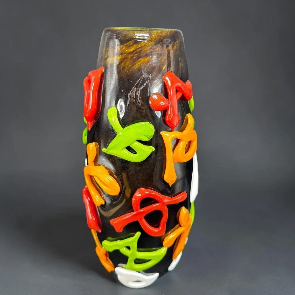 Mihai‎ Topescu Glass Vase 12inch Heavy Applied Ribbon Colorful Modern Decor
