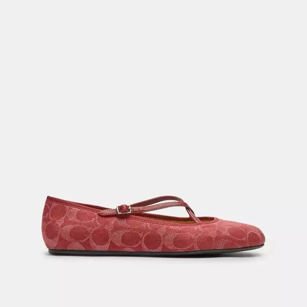 NWT Coach Women Phoebe Ballet Flat Signature Denim True Red CDG80 us7.5