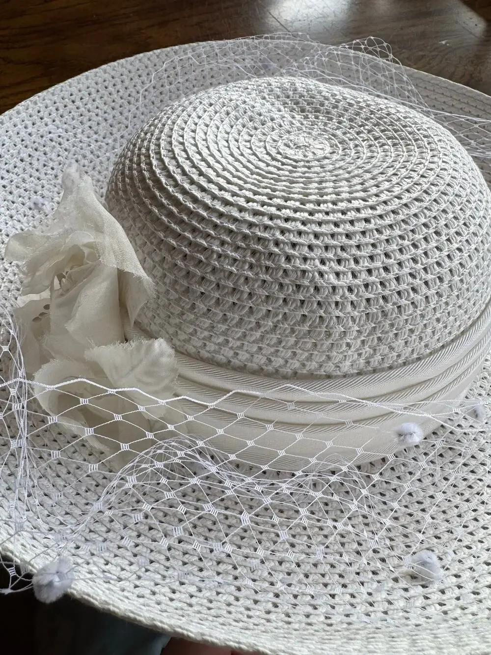 Hats In The Belfry White Straw Wide Brim Hat with Veil & Floral Detail