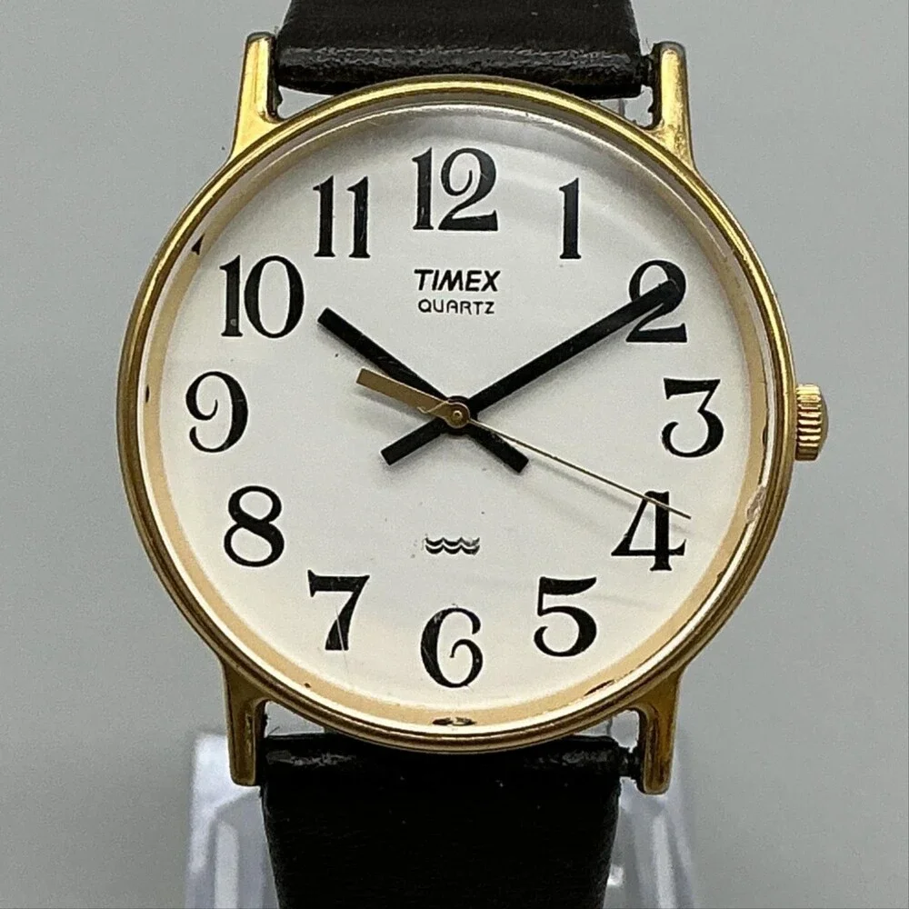 Vintage Timex Mens Watch 32mm White Dial Gold Tone Black Leather New Battery