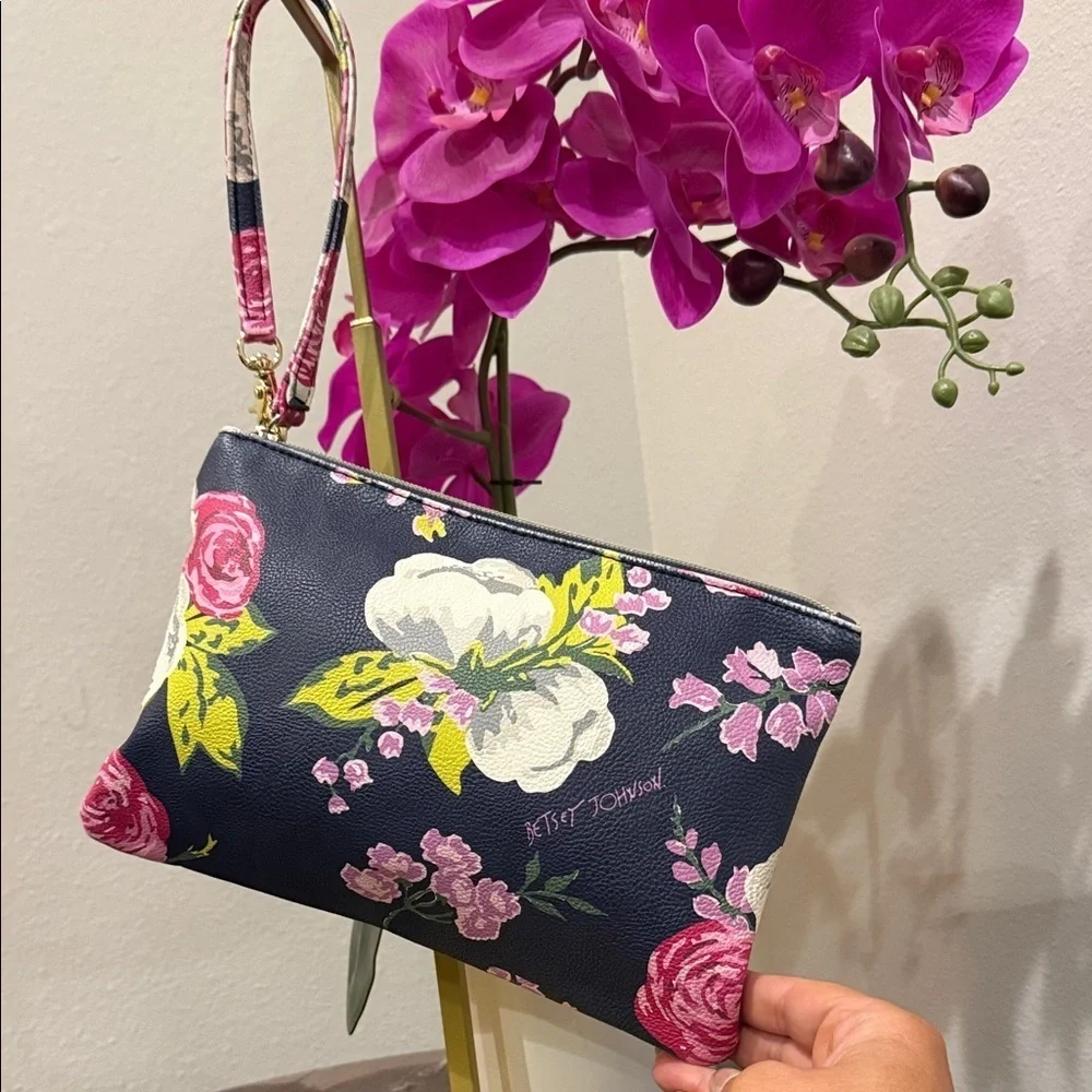 Betsey Johnson Floral Navy Clutch wristlet designer navy wallet purse