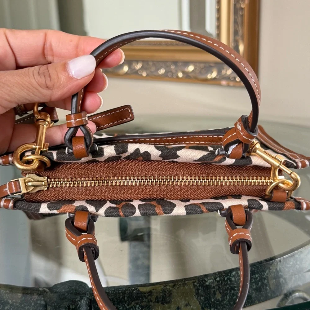 Tory Burch Leopard Print Leather-Trim Crossbody in Brown and Cream