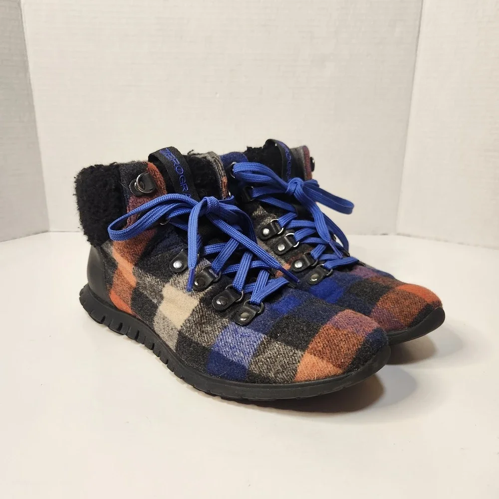 Cole Haan Womens‎ ZEROGRAND Hiker Boot Blue Plaid Womens Size 8B
