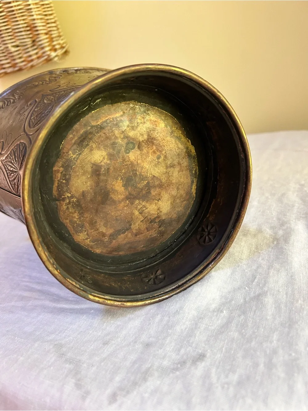 Vintage Mid-Century Embossed Brass Coal Bucket