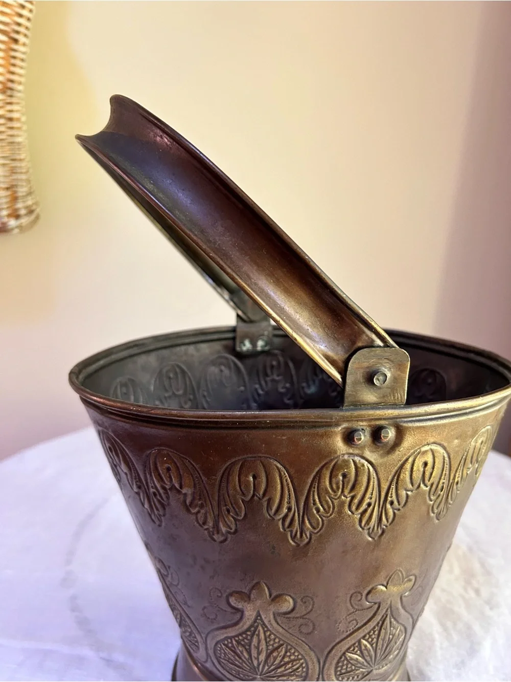 Vintage Mid-Century Embossed Brass Coal Bucket