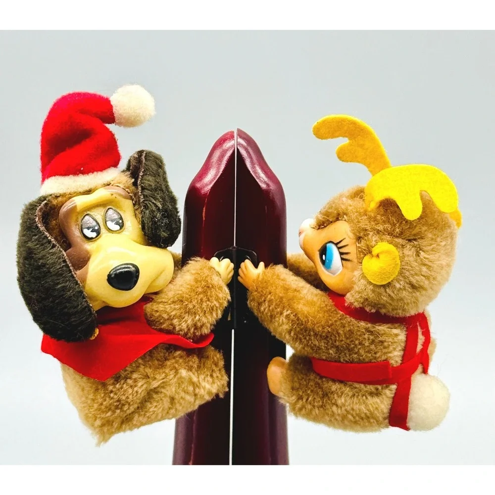 Clip On Pencil Hugger Plush Brown Christmas Dog and Reindeer Set pf 2 1980s‎