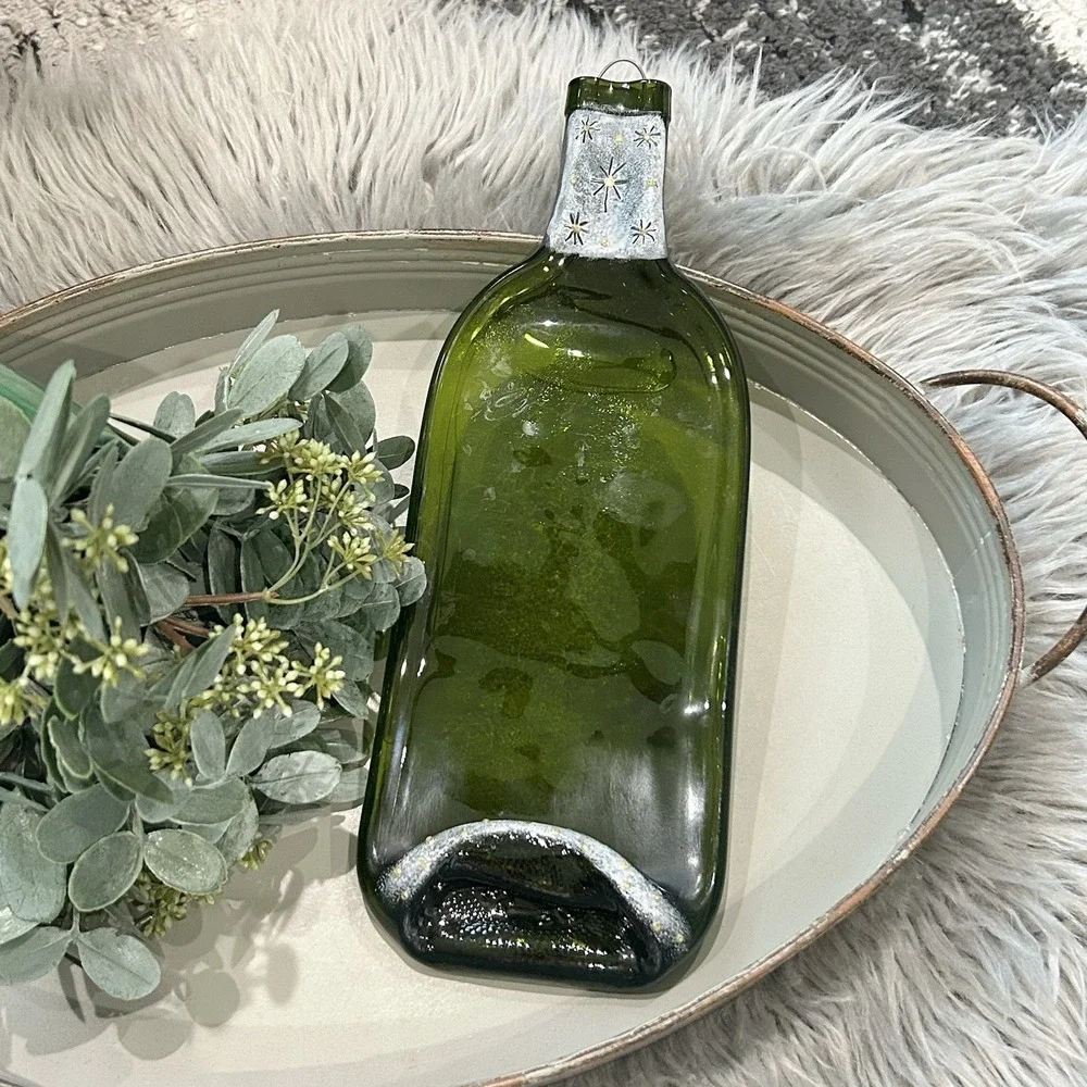 Flattened Green Glass Wine Bottle Spoon Rest Window Wall Decor‎ Art Glass 12