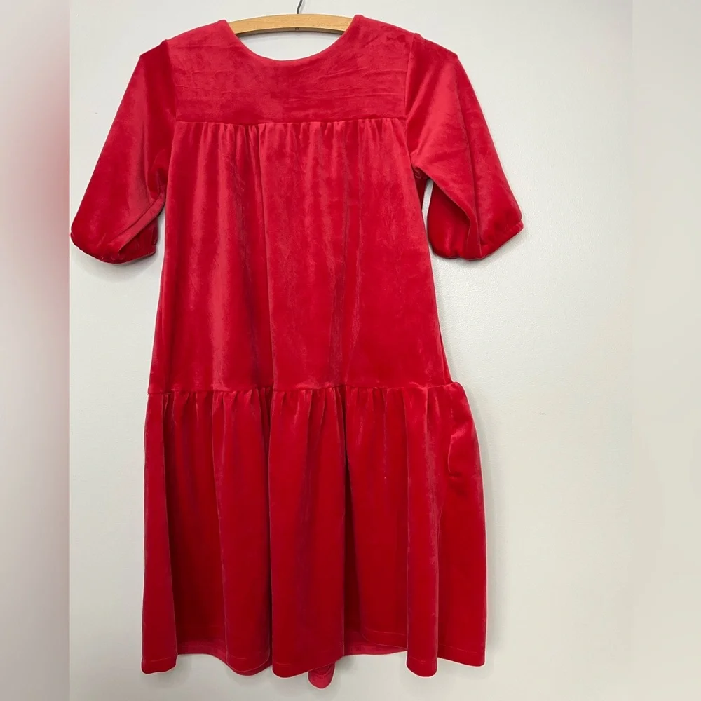 Hanna Andersson Red Short Sleeve Velour Tiered Dress Size 150 (12)