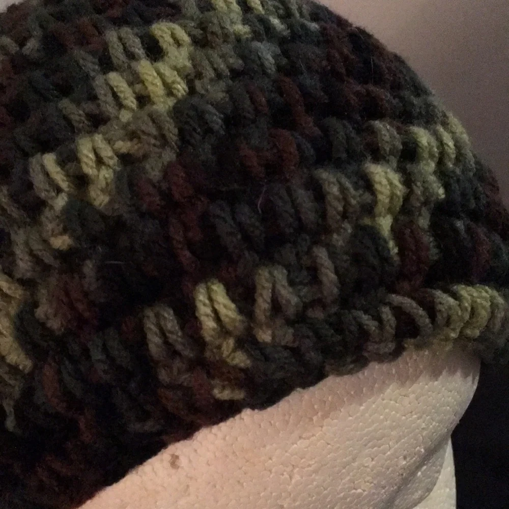 Crocheted camouflage look beanie dark green light green brown.