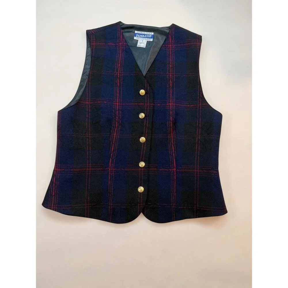 Pendleton Mens Plaid Virgin Wool Vest‎ Navy Blue Red Gold Crest Buttons USA Made