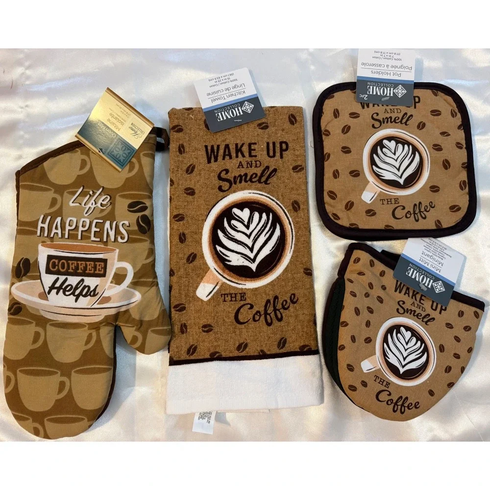 Home Collection Coffee Kitchen Set Oven Mitt Towel Pot Holders Brown 5pc‎ NWT