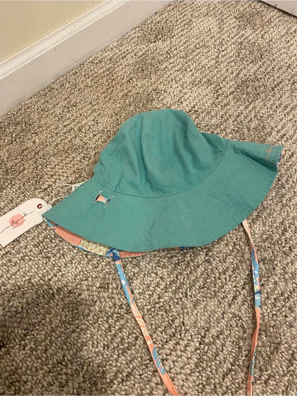 Girls Teal Sun Hat with Floral Chin Straps