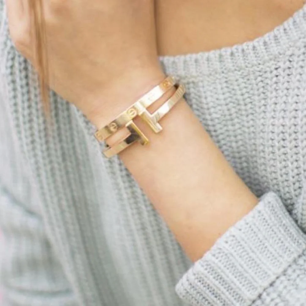 Gold Toned Double T Open Cuff Bracelet