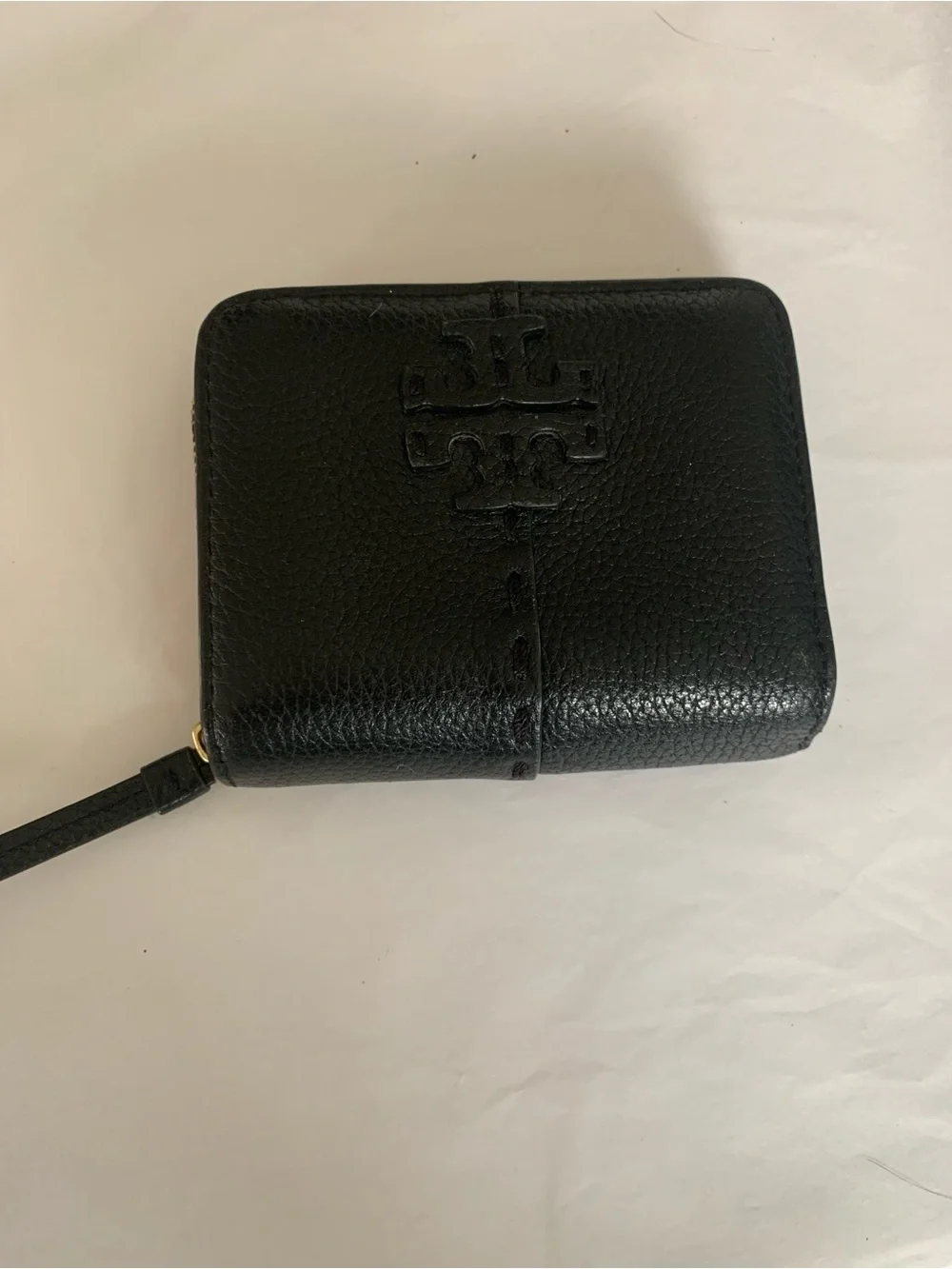 Tory Burch Black Pebbled Leather Zip Card Case with Logo