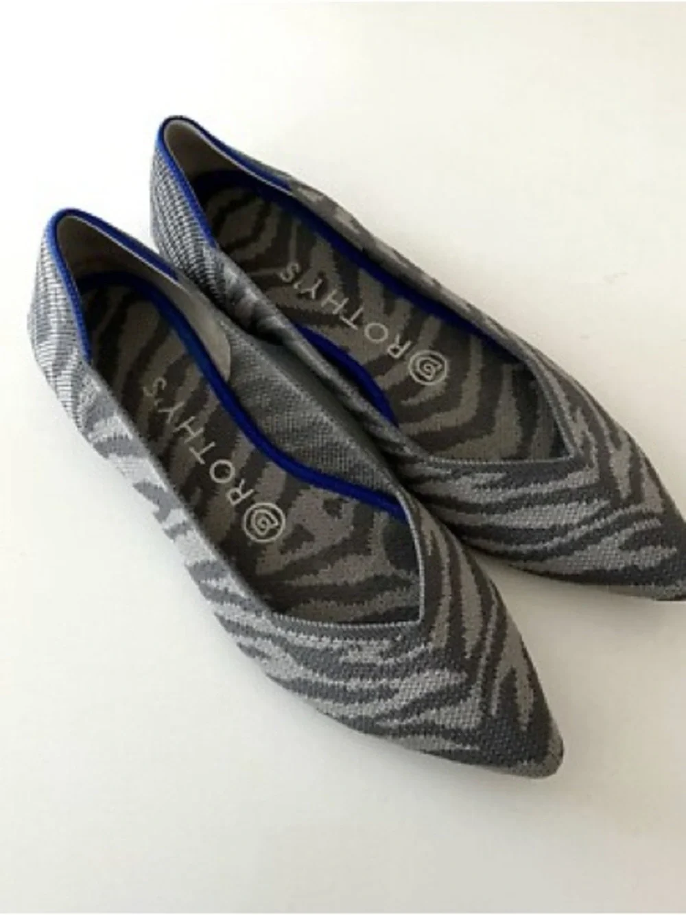 Rothy's Grey Zebra Pointed Knit Flat with Blue Trim