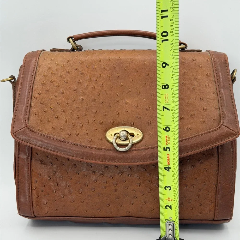 Vintage Carlo Calucci Ostrich Embossed Satchel Bag Brown Turn Lock Flap Brass