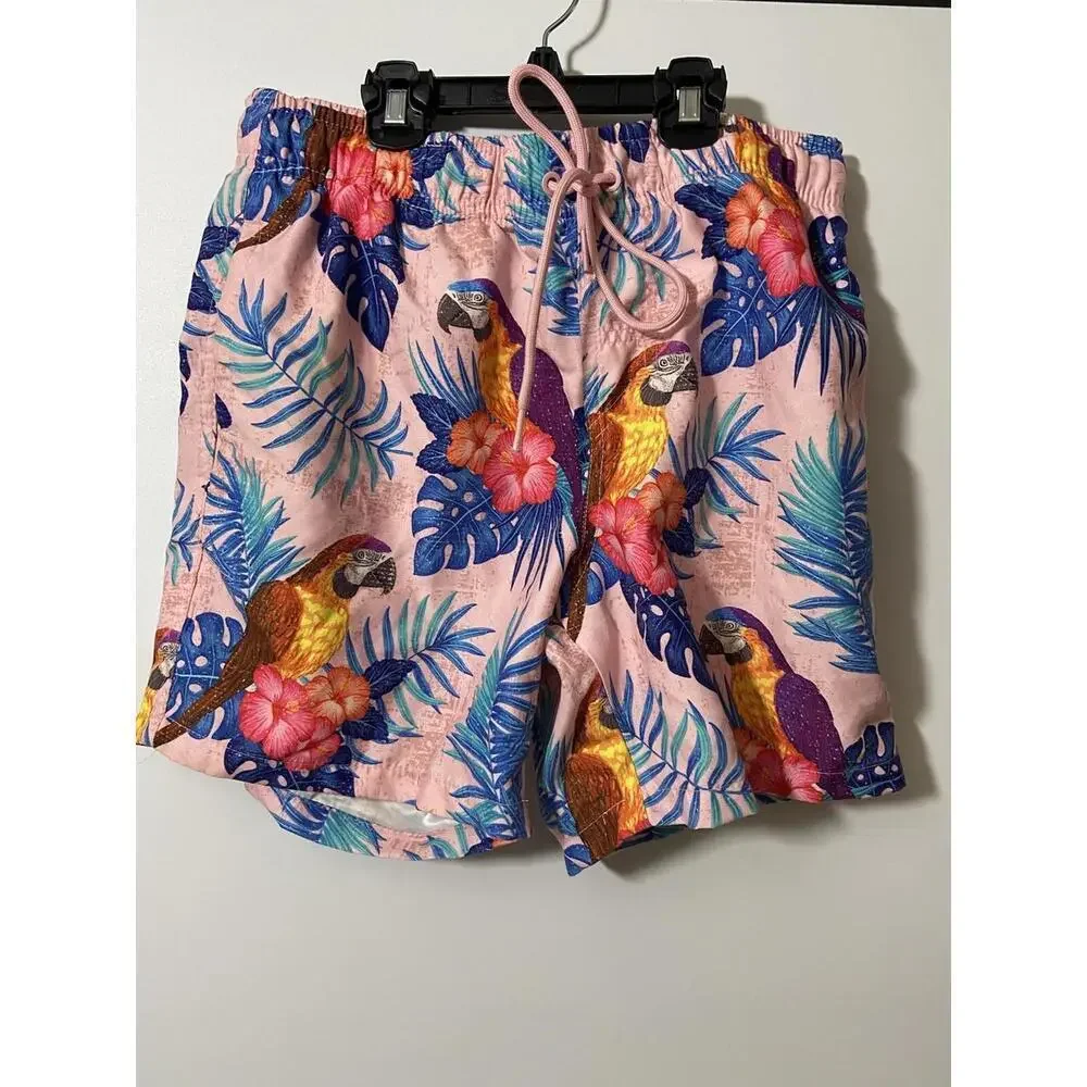 Ring of Fire Mens Shorts Swim Trunks Small Pink Tropical Parrot Print Novelty