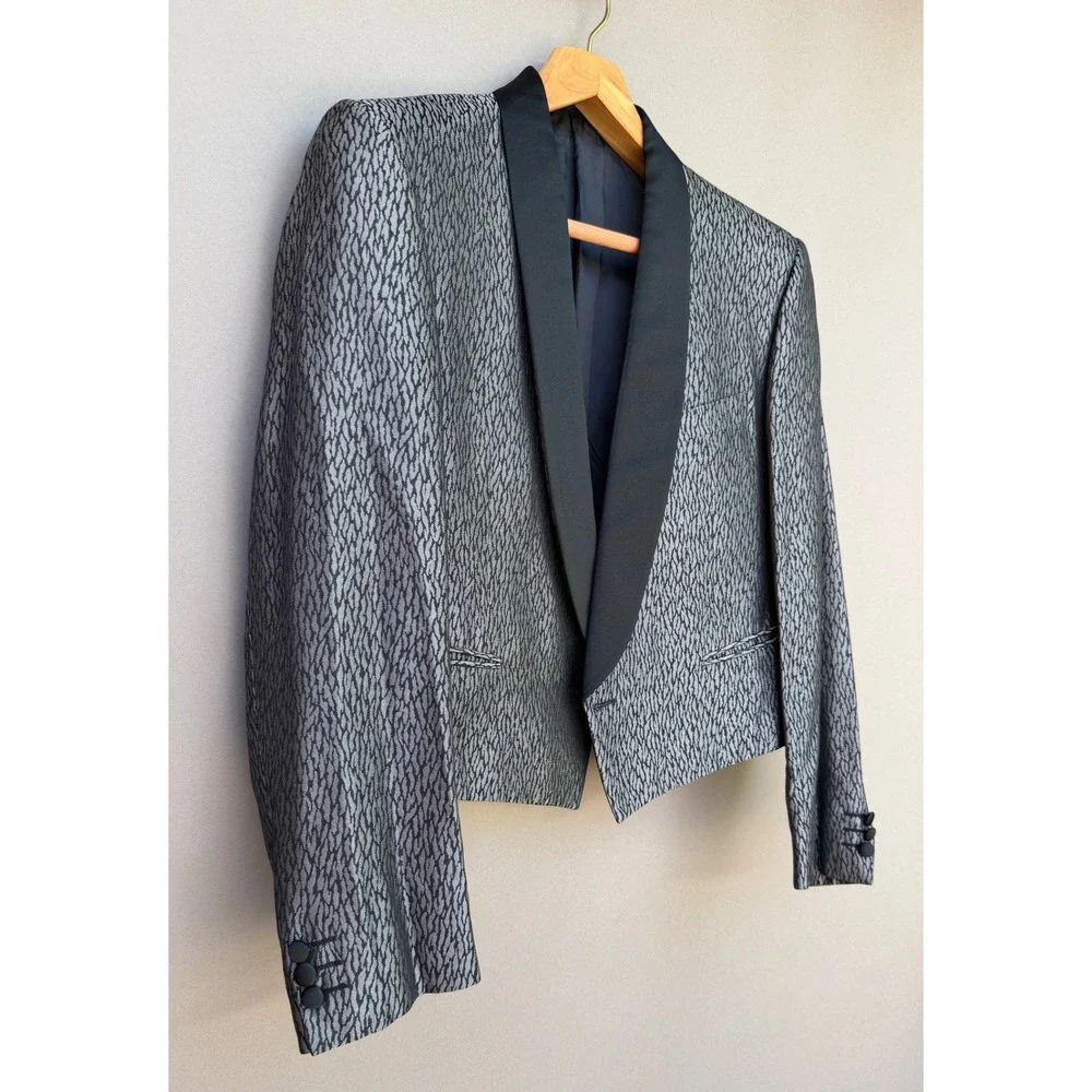 Pierre Cardin Paris M Vintage Cropped Tuxedo Jacket Silver Black Shawl Lapel 80s