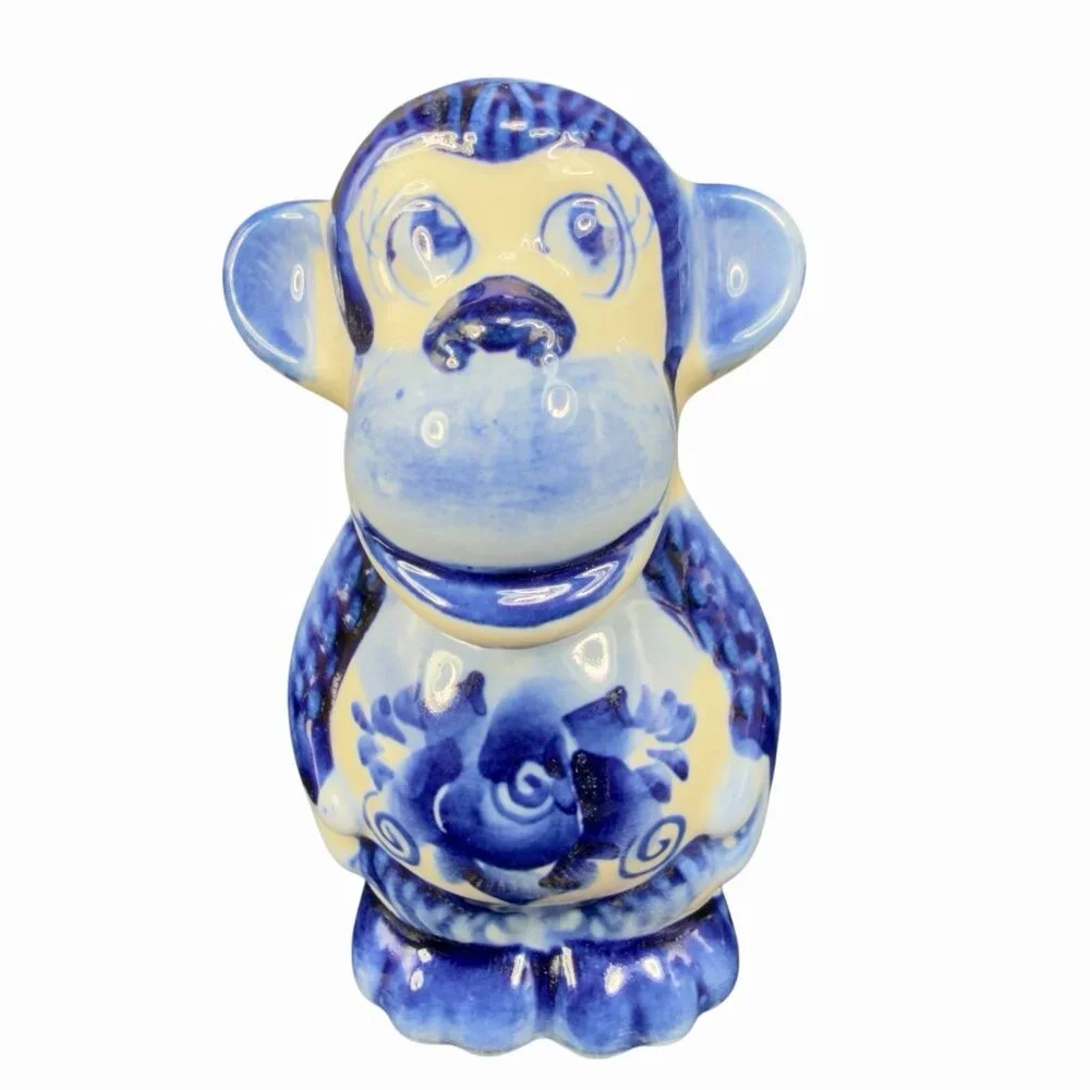 Handmade Gzhel Russian‎ Porcelain Small Monkey Figurine Had Painted Cobalt Blue