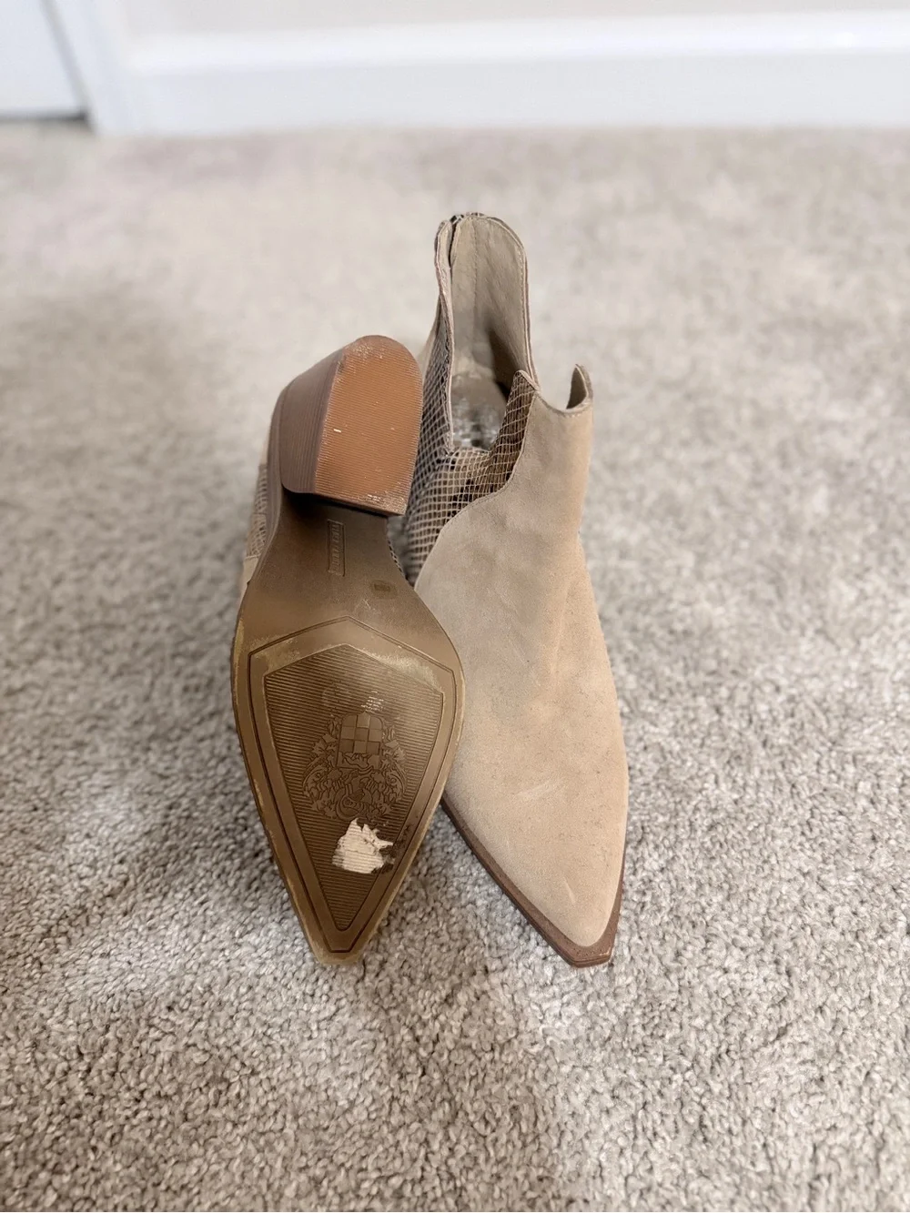Vince Camuto Beige Suede Pointed Toe Ankle Booties