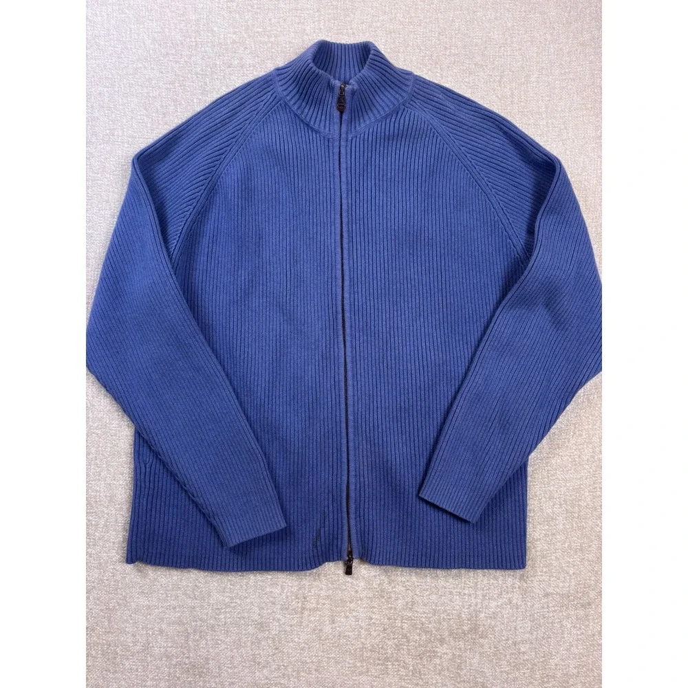 Tommy Bahama Mens XL Blue Ribbed Full Zip Cotton Wool Blend Cardigan Sweater